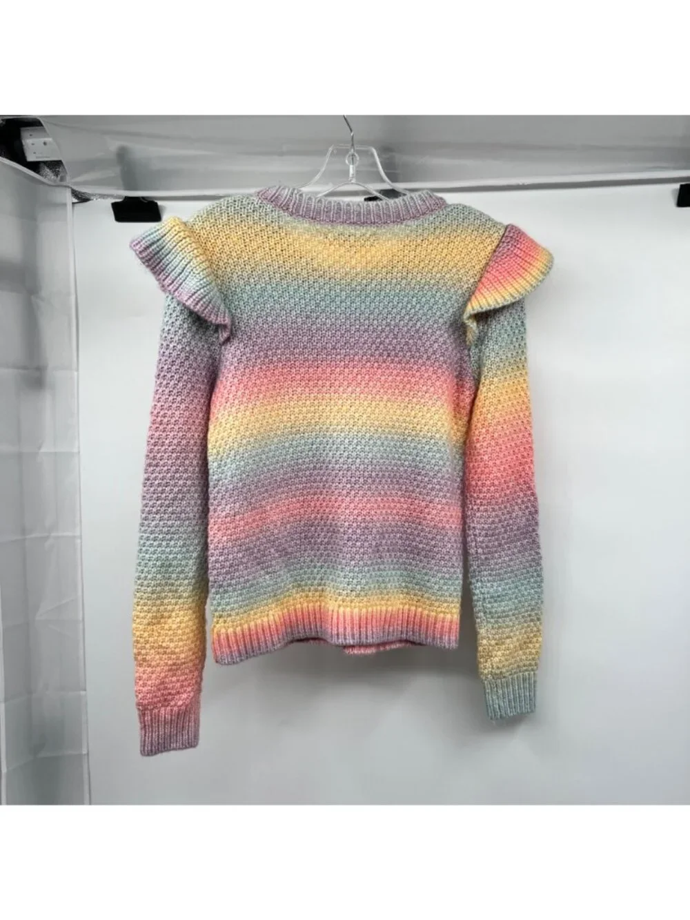 Loft Womens Rainbow Knit Sweater Long Sleeve Ruffle Shoulder Size Small